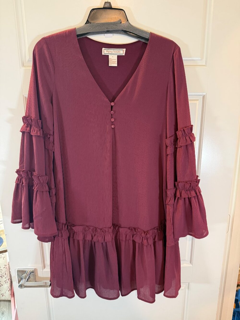 Flying Tomato Burgundy Ruffle Sleeve Dress Size S